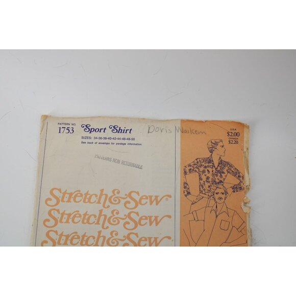 UNCUT Stretch & Sew Pattern 1753 Mens Sport Shirt Vintage 1976 93740 - Picture 2 of 3